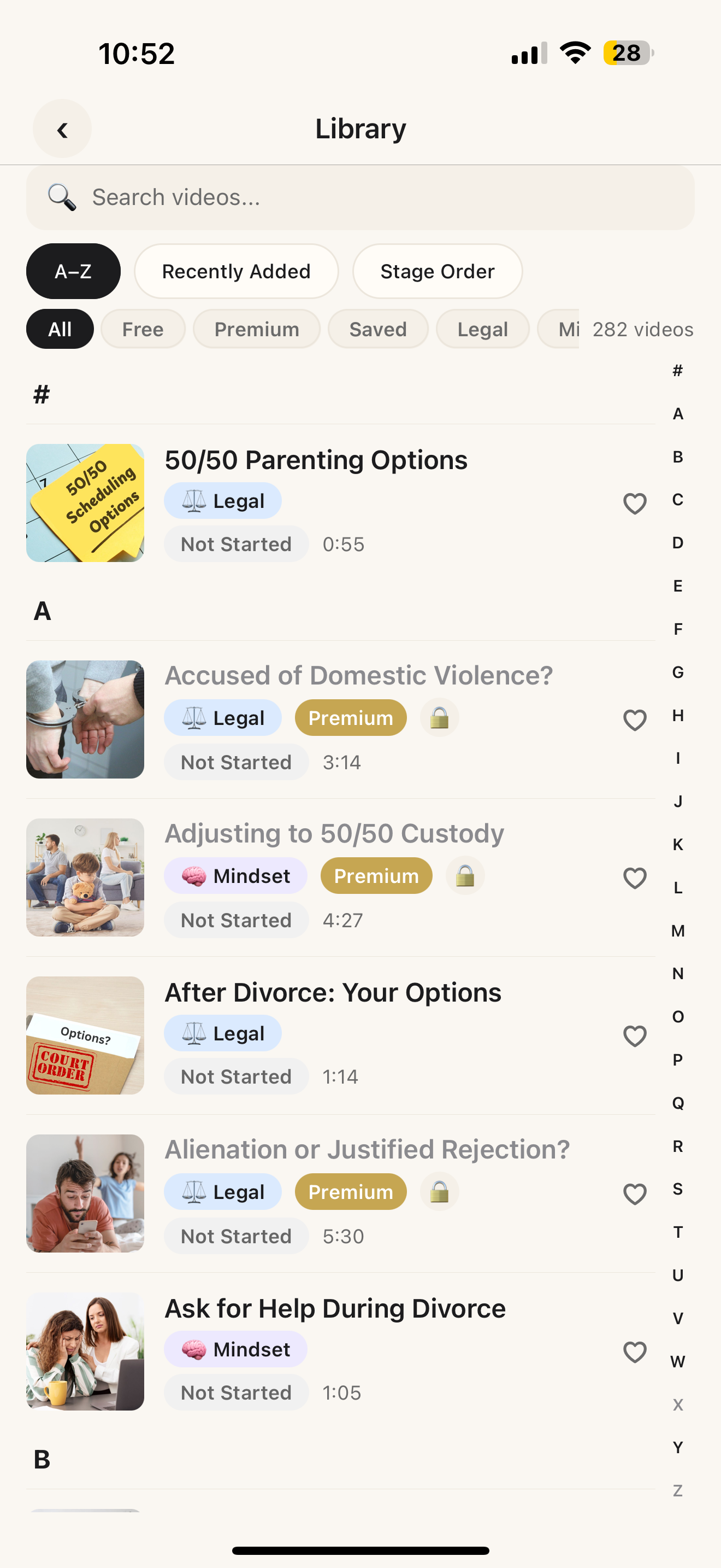 SplitUp library with search, filters, saved items, and video resources