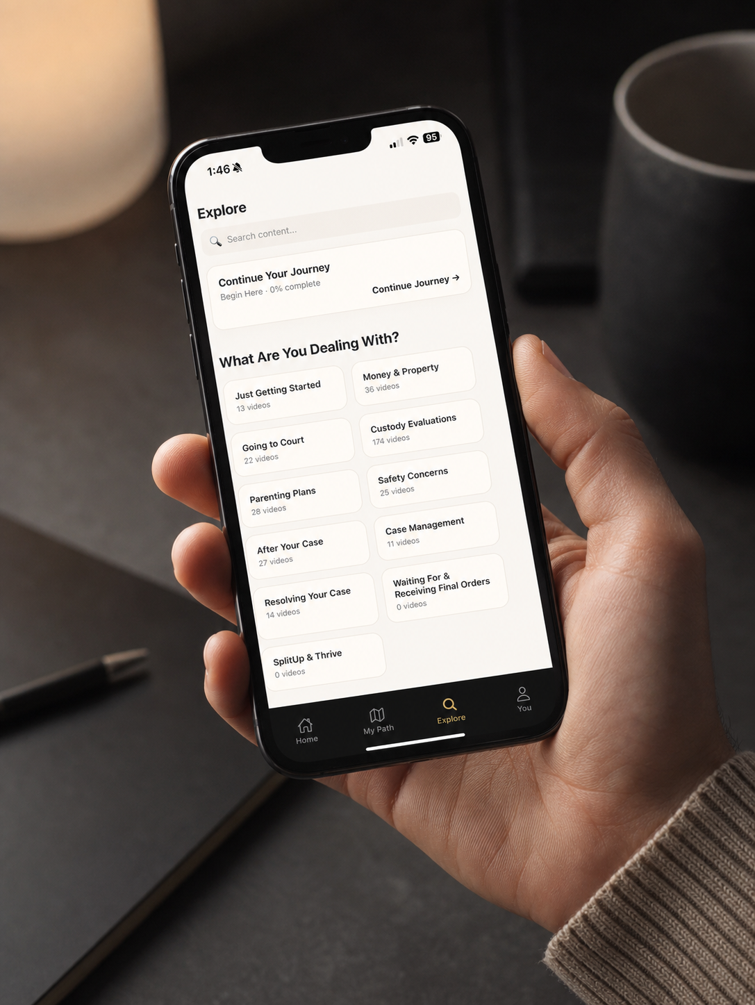 SplitUp Explore screen with issue categories and search