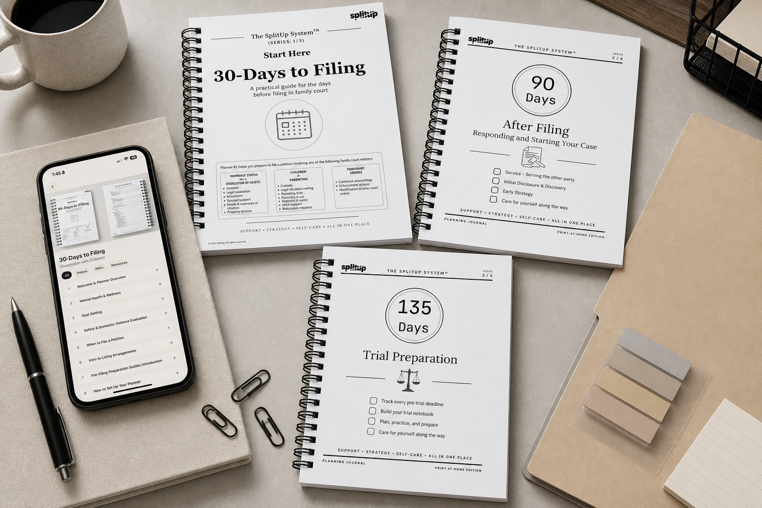 SplitUp printable planners arranged on a desk