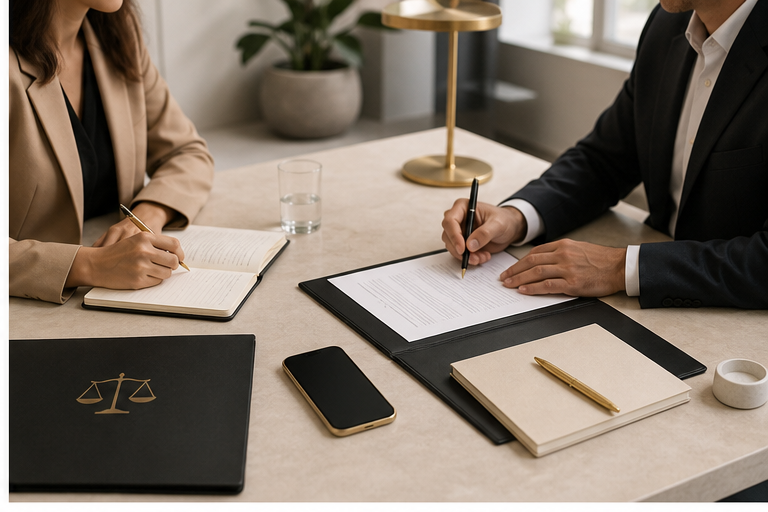 Two professionals reviewing notes and documents at a planning table